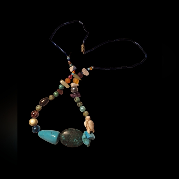 Vintage Turtle Zuni Fetish Stone Beaded Necklace Tribal Exotic Blues Whites - Picture 4 of 8